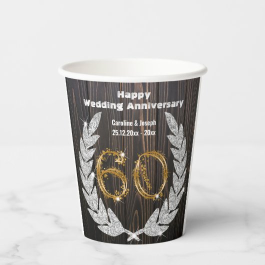Gold 60th Wedding Jubileum, Diamond Laurel Pape Papieren Bekers (Achterkant)