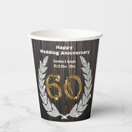 Gold 60th Wedding Jubileum, Diamond Laurel Pape Papieren Bekers (Voorkant)