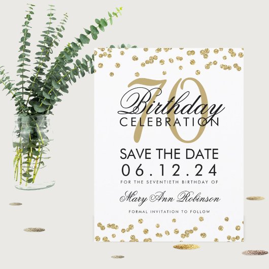 Gold 70th Birthday Save Date Confetti Save The Date