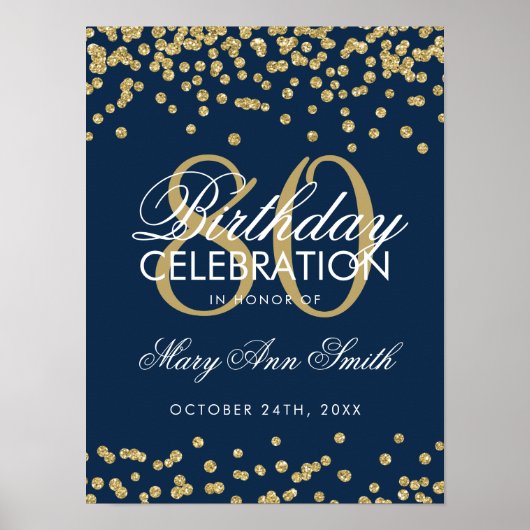 Gold 80th Birthday Glitter Confetti Navy Blue Poster (Voorkant)
