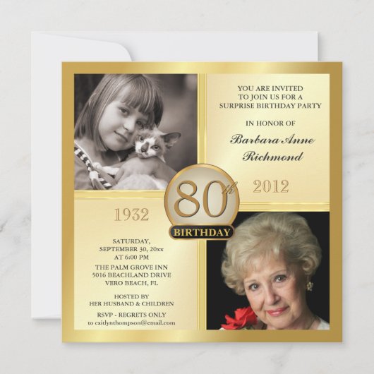 Gold 80th Birthday Invitations then & Now 2 Photos (Devant)