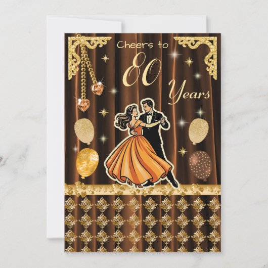 Gold 80th Birthday with Dancing Couples Invitation (Devant)