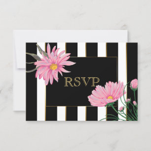 Gold Accent Black Stripes Pink Daisies RSVP Kaartje