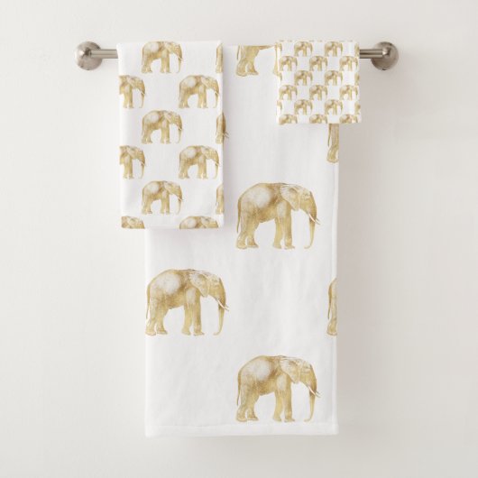 GOLD AFRICAN ELEPHANT WHITROOM BATHROOM TOWEL SET BAD HANDDOEK (Insitu)