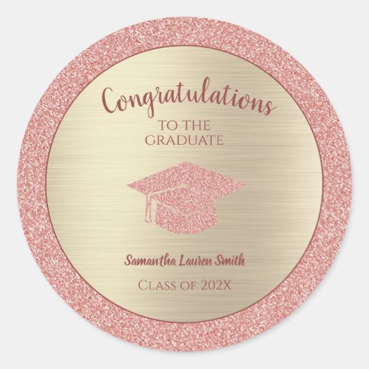 Gold Afstuderen Congrats Afstuderen roze glitter Ronde Sticker (Voorkant)