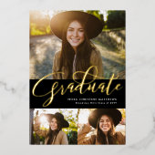 Gold Afstuderen drie foto's zwart afstuderen Folie Uitnodiging (Voorkant)