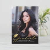 Gold Afstuderen handgeschreven script zwart 4 Foto Aankondiging (Staand voorkant)