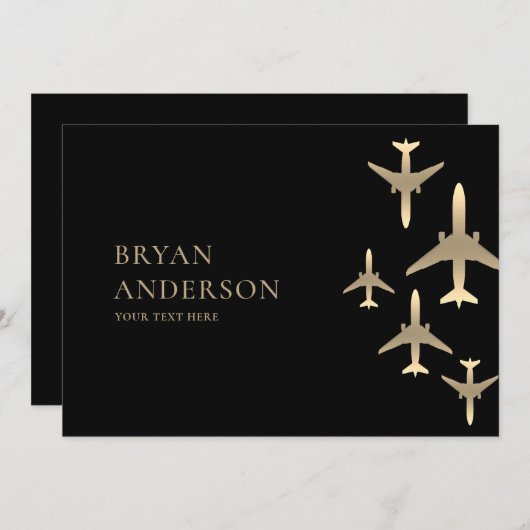 Gold Airplanes Aviation Invitation (Devant / Derrière)