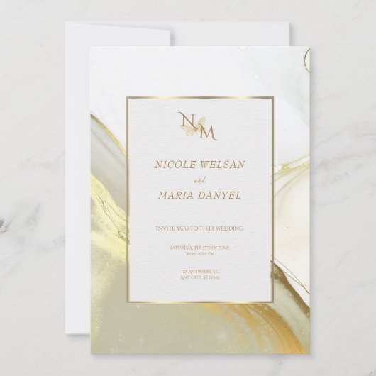 Gold Alcohol Ink White Elegant Wedding Invitation (Devant)