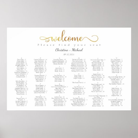 Gold Alfabetical Welcome Wedding Seating Chart Poster (Voorkant)