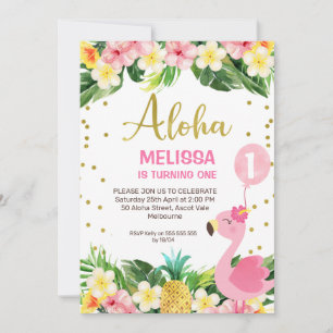 Gold Aloha Floral Flamingo 1st Birthday Kaart