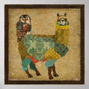 Gold Alpaca en Blauwgroen Owl Art Poster