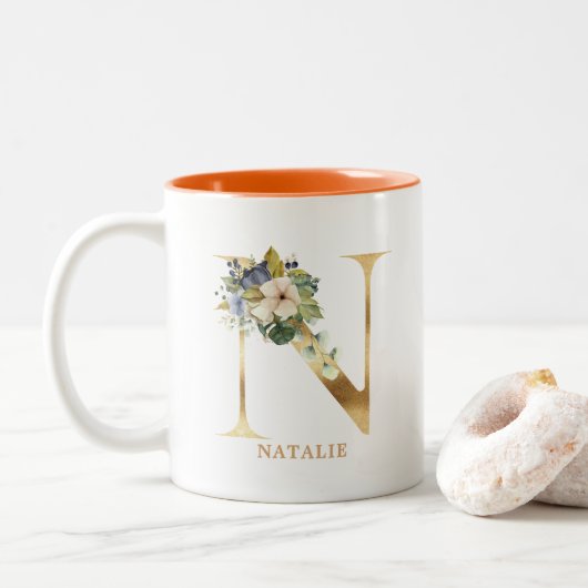 Gold Alphabet N Monogram | Bladbladeren Tweekleurige Koffiemok (Met donut)