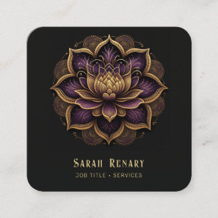 Gold & Amethyst Lotus Flower Black Vierkante Visitekaartje