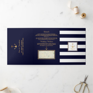Gold Anchor Navy Blauw & Witte Streep Trouwsuite Drieluik Uitnodiging