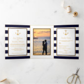 Gold Anchor Navy Blauw & Witte Streep Trouwsuite Drieluik Uitnodiging (Binnen)