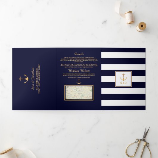 Gold Anchor Navy Blauw & Witte Streep Trouwsuite Drieluik Uitnodiging (Buitenkant)