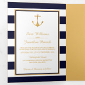 Gold Anchor Navy Blauw & Witte Streep Trouwsuite Drieluik Uitnodiging (Binnenzijde eerst)