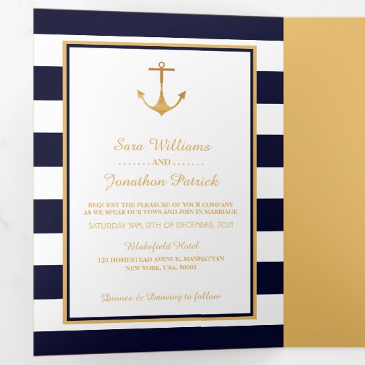 Gold Anchor Navy Blauw & Witte Streep Trouwsuite Drieluik Uitnodiging (Binnenzijde eerst)