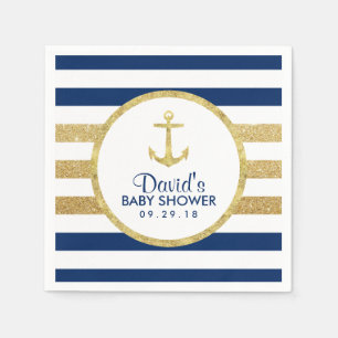Gold Anchor Navy Gold Stripes Nautisch Baby shower Servet