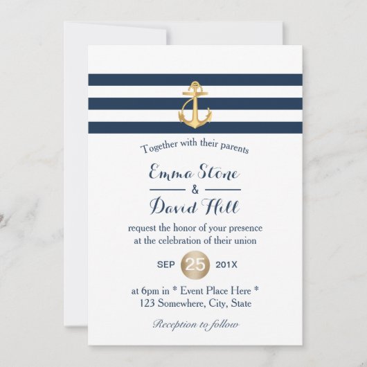 Gold Anchor Navy Stripes Nautical Wedding Kaart (Voorkant)