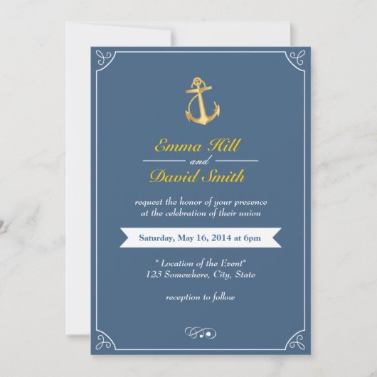Gold Anchor Royal Blue Nautical Wedding Invites Kaart (Voorkant)