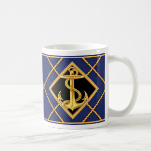 Gold Anchor & Ship Rope Navy Blue Nautical Mok/Cup Koffiemok