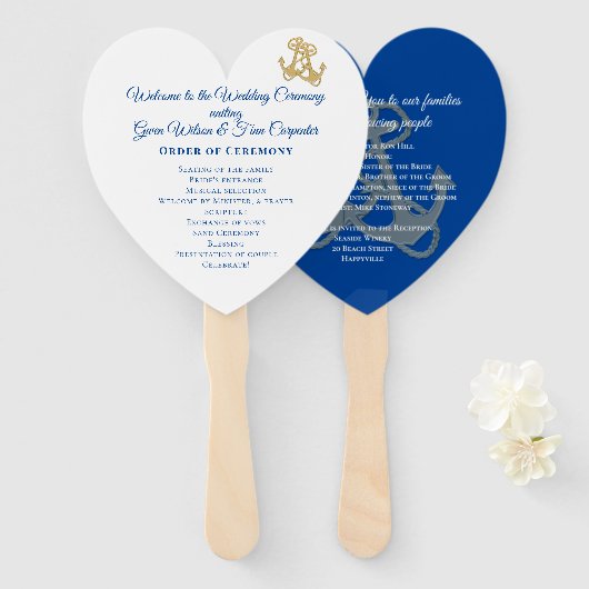 Gold Anchors Heart-Shaped Wedding Fan-programma Handwaaier (Voorkant en achterkant)