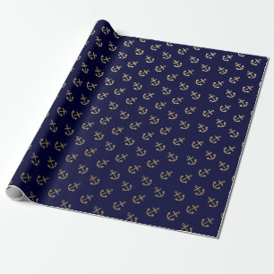 Gold Anchors Navy Blue Background Pattern Cadeaupapier