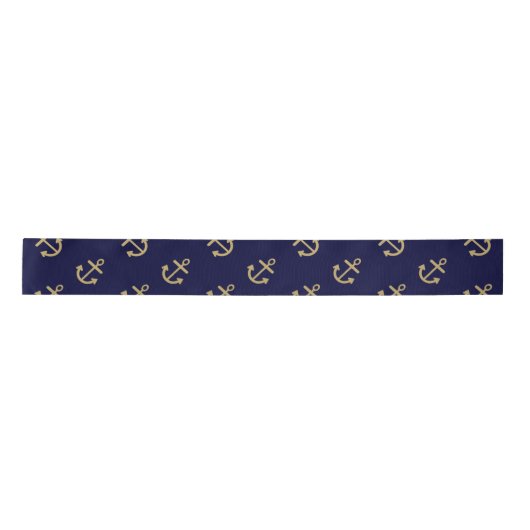 Gold Anchors Navy Blue Background Pattern Lint (Voorkant)