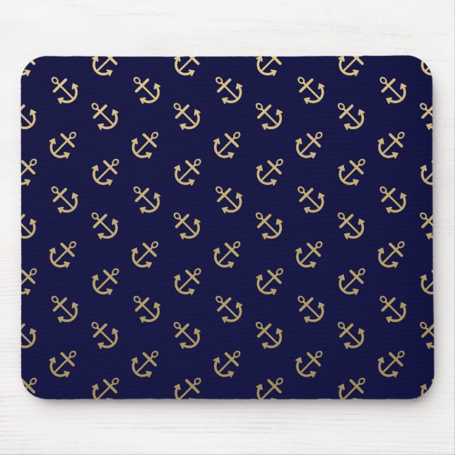Gold Anchors Navy Blue Background Pattern Muismat (Voorkant)