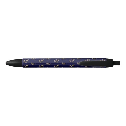 Gold Anchors Navy Blue Background Pattern Zwarte Inkt Pen (Achterkant)