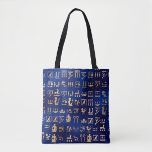 Gold Ancient Egyptian Hieroglyphics on Blue Draagtas