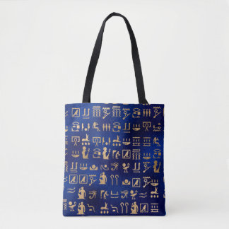 Gold Ancient Egyptian Hieroglyphics on Blue Draagtas