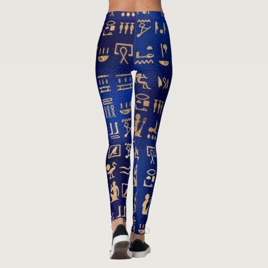 Gold Ancient Egyptian Hieroglyphics on Blue Leggings (Achterkant)