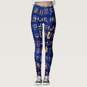 Gold Ancient Egyptian Hieroglyphics on Blue Leggings