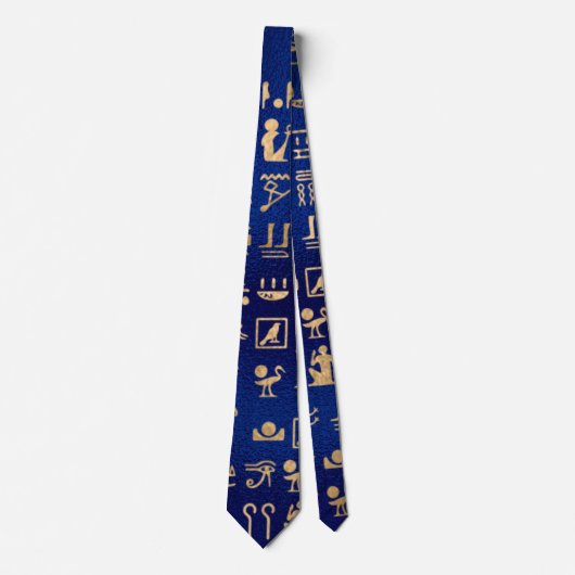 Gold Ancient Egyptian Hieroglyphics on Blue Stropdas (Voorkant)