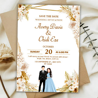 Gold and beige floral wedding invitation kaart