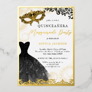 Gold and Black Dress Masquerade Party Quinceanera Folie Uitnodiging
