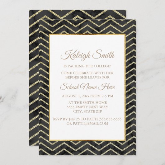 Gold and Black Trunk Party "Off to College" uitnod Kaart (Voorkant / Achterkant)