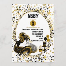Gold and Black Unicorn Birthday Party Invitation Kaart