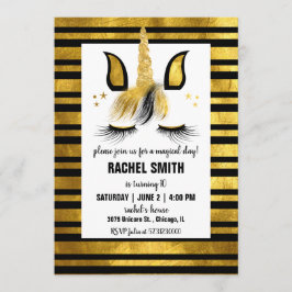 Gold and Black Unicorn Birthday Party Invitation Kaart