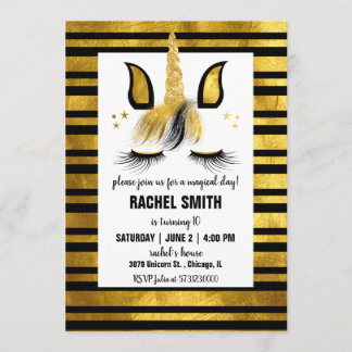 Gold and Black Unicorn Birthday Party Invitation Kaart