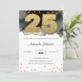 Gold and Black Waterverf 25th Birthday Invitation Kaart (Staand voorkant)