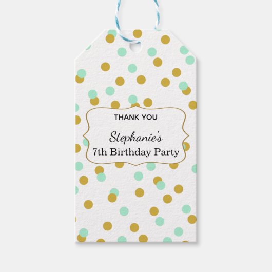 Gold and Mint Green Confetti Birthday Party Cadeaulabel (Voorkant)