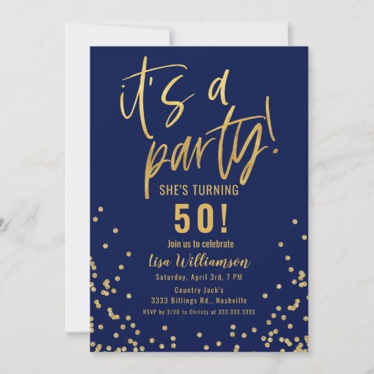 Gold and Navy Blue 50th Birthday Party Invitation (Devant)