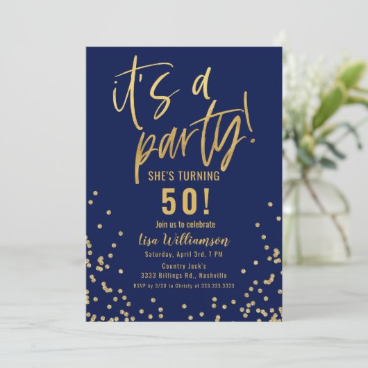 Gold and Navy Blue 50th Birthday Party Invitation (Debout devant)
