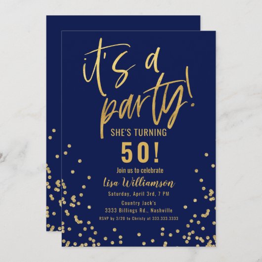 Gold and Navy Blue 50th Birthday Party Invitation (Devant / Derrière)