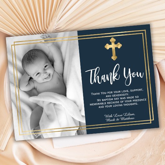Gold and Navy Blue Baptism Merci Cartes