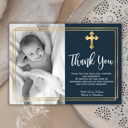 Gold and Navy Blue Baptism Merci Cartes